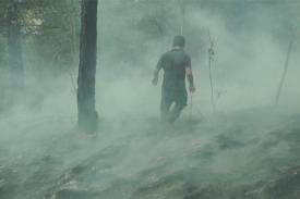 Man walks through burning forest.